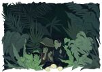  2boys black_hair black_shorts black_sweater brown_bag brown_hair bucket_hat child covering_own_mouth hand_on_another&#039;s_shoulder hat highres hood hooded_sweater jungle kd_(jichaman1) kneeling leaf looking_to_the_side looking_up male_focus manjoume_jun multiple_boys nature plant red_shirt scared shirt shorts sweater yu-gi-oh! yu-gi-oh!_gx yuuki_juudai 