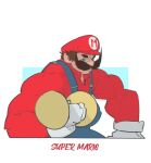 1boy alternate_muscle_size angry biceps black_cat_(series) blue_eyes frown gloves liyamou long_mustache looking_at_viewer male_focus mario muscular muscular_male overalls parody polo_shirt short_hair solo super_mario_bros. thick_arms thick_eyebrows upper_body wrinkled_skin 