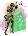  1boy absurdres apex_legends arm_strap artist_name bandaged_arm bandages belt black_belt black_gloves black_headwear cable cropped_shirt cropped_vest fingerless_gloves gloves goggles green_vest hack_(apex_legends) heart heart_hands highres male_focus mask mechanical_legs midriff mouth_mask navel non-humanoid_robot octane_(apex_legends) pizmo robot shirt shorts solo speech_bubble spoken_heart torn_clothes torn_shirt vest white_shirt white_shorts 