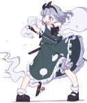  1girl absurdres black_hairband black_ribbon blue_eyes bow dress flower frilled_dress frilled_skirt frills hair_ribbon hairband highres holding holding_sword holding_weapon kame_(kamepan44231) katana konpaku_youmu konpaku_youmu_(ghost) ribbon short_hair simple_background skirt solo sword touhou weapon white_background white_hair 