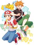  2boys :d blue_oak blue_pants brown_eyes brown_hair buttons collared_shirt commentary_request green_footwear green_pants hat highres holding_strap male_focus mochi_(mocchi_p_2m) multiple_boys open_mouth orange_hair pants pikachu pokemon pokemon_(creature) pokemon_sm red_(pokemon) red_footwear red_headwear shirt shoes short_hair short_sleeves smile sneakers spiky_hair t-shirt 