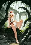  1girl :d alternate_costume animal_ear_fluff animal_ears bare_arms bare_legs bare_shoulders barefoot bow bowtie branch breasts climbing_tree column dress fangs foliage full_body grin happy hat headwear_request highres inubashiri_momiji japanese_clothes jungle kimono loli looking_at_viewer mooshieblobs moss nature obijime outdoors overgrown pillar plant pom_pom_(clothes) red_bow red_bowtie red_eyes rock ruins sash scenery short_dress short_hair short_kimono sitting small_breasts smile solo stone_building stone_pillar sunlight tareme tokin_hat touhou vines white_hair wolf_ears wolf_girl 