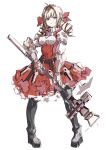 1girl absurdres ahoge blonde_hair blue_eyes boots breasts commentary_request dot_mouth dress drill_hair expressionless full_body gauntlets hair_intakes hair_ribbon highres holding holding_weapon legs_apart long_hair looking_afar red_dress red_ribbon ribbon scarlett_(unicorn_overlord) sketch solo standing twin_drills twintails unicorn_overlord weapon white_background yoto_(rinlin2)