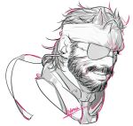  1boy beard cropped_head facial_hair full_beard greyscale headband liyamou looking_at_viewer male_focus mature_male metal_gear_(series) monochrome outline pink_outline short_hair smile solid_snake solo thick_mustache tsurime 