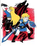  1boy 1girl belt black_footwear black_pants blonde_hair blue_shirt border braid commentary english_commentary flat_color french_braid full_body highres holding holding_shield holding_sword holding_weapon link master_sword outside_border pants pointy_ears princess_zelda red_background sarah_sketches sheikah_slate shield shirt short_hair standing sword the_legend_of_zelda the_legend_of_zelda:_breath_of_the_wild weapon white_border white_pants 