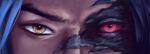  1boy 404nat blue_hair close-up colored_sclera eye_focus heterochromia highres kayn_(league_of_legends) league_of_legends looking_at_viewer multicolored_hair red_eyes scar scar_on_face straight-on yellow_eyes 