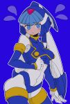  1girl absurdres android blue_background blue_eyes breasts buzzlyears covered_navel crop_top fairy_leviathan_(mega_man) fang helmet highres looking_at_viewer mega_man_(series) mega_man_zero_(series) simple_background solo tearing_up upper_body 