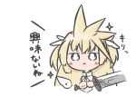  1girl :&lt; alternate_hairstyle bio_iru blonde_hair blue_eyes bright_pupils chibi closed_mouth cloud_strife cloud_strife_(cosplay) commentary cosplay final_fantasy final_fantasy_vii hair_between_eyes holding holding_sword holding_weapon jitome long_hair looking_at_viewer shirayuki_noa simple_background solo sparkle spiky_hair sword tenshi_souzou_re-boot! translation_request two_side_up upper_body weapon white_background white_pupils wing_hair_ornament 