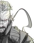  1boy beard facial_hair frown full_beard glowing glowing_eye greyscale headband highres liyamou looking_at_viewer male_focus mature_male metal_gear_(series) metal_gear_solid monochrome portrait short_hair solid_snake solo spot_color thick_mustache tsurime 