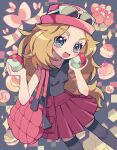  1girl :d bag blonde_hair blush breasts collared_shirt commentary_request eyelashes grey_eyes handbag hands_up happy hat head_tilt highres holding holding_poke_ball long_hair makimi_(zmaru_111111) open_mouth pink_bag pink_headwear pleated_skirt poke_ball poke_ball_(basic) pokemon pokemon_xy serena_(pokemon) shirt skirt sleeveless sleeveless_shirt smile solo sunglasses thigh-highs white-framed_eyewear 