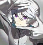  1boy bishounen blurry blurry_edges closed_mouth depth_of_field finger_frame grey_hair hair_between_eyes highres light_smile looking_at_viewer male_focus mikleo_(tales) muted_color portrait short_hair smile solo spot_color swept_bangs tales_of_(series) tales_of_zestiria v1oletw1steria violet_eyes 
