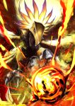  152_in_can absurdres beak bird blue_eyes commentary_request digimon digimon_(creature) feathered_wings feathers fire fireball helmet highres hououmon multiple_wings no_humans phoenix sharp_teeth signature talons teeth wings yellow_feathers 