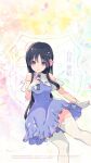  assault_lily black_hair blue_dress closed_mouth dress flower gloves hair_flower hair_ornament halu14119801 highres hime_cut holding holding_microphone long_hair looking_at_viewer microphone shirai_yuyu smile thigh-highs violet_eyes white_gloves white_thighhighs 