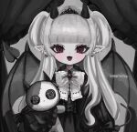  1girl bat_wings black_dress black_horns black_wings blunt_bangs brooch commission curtains demon_girl demon_horns demon_tail demon_wings dress ear_piercing fang grey_hair highres holding holding_stuffed_toy horns jewelry long_hair looking_at_viewer neck_ribbon open_mouth original piercing pointy_ears red_eyes ribbon shiona_(siona0625) smile solo straight-on stuffed_toy tail two_side_up upper_body watermark wings 