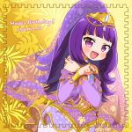  1girl :d blonde_hair blunt_bangs blush chii_(chi_pppuri) coin commentary_request cowboy_shot dancer hanazono_shuka hands_up happy_birthday holding holding_coin idol_time_pripara long_hair long_sleeves looking_at_viewer open_mouth ponytail pretty_series pripara purple_hair purple_veil see-through see-through_sleeves smile solo standing tiara veil violet_eyes yellow_background 