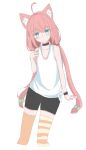  1320294984 1girl animal_ears bare_shoulders bike_shorts blue_eyes blush cat_ears hinata_channel nekomiya_hinata pink_hair simple_background virtual_youtuber 