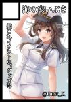  1girl alternate_costume brown_hair circle_cut commentary_request cowboy_shot double_bun epaulettes female_service_cap grey_eyes hair_bun headgear japan_maritime_self-defense_force japan_self-defense_force js_kongou_(kancolle) k_jie kantai_collection kongou_(kancolle) long_hair looking_at_viewer military military_uniform pencil_skirt simple_background skirt smile solo twitter_username uniform white_background white_headwear white_skirt 