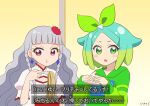  2girls blunt_bangs bow closed_mouth commentary_request diamond_earrings earrings fake_screenshot flower food green_bow green_eyes green_hair green_hoodie grey_hair hair_bow hand_up highres holding holding_food hood hoodie idol_time_pripara jewelry kiratto_pri_chan koda_michiru kokichi_yoko long_hair long_sleeves looking_at_viewer miichiru_(pripara) multicolored_hair multiple_girls nijiiro_nino noodles official_style open_mouth parody pretty_series pripara ramen red_eyes red_flower sandwich shirt short_hair style_parody subtitled swept_bangs translation_request two-tone_hair upper_body wavy_hair white_shirt 