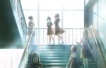  6+girls :d :o aqua_neckerchief blurry bokeh brown_dress brown_eyes brown_hair depth_of_field dress green_eyes hair_flowing_over hallway hands_on_own_chest hasu_no_sora_school_uniform highres holding holding_case holding_notebook lens_flare link!_like!_love_live! loafers long_hair long_sleeves looking_at_another looking_at_viewer love_live! multiple_girls neckerchief notebook official_art open_mouth otomune_kozue pleated_dress purple_hair sailor_collar sailor_dress school school_uniform shoes side_ponytail smile socks solo_focus stairs teeth third-party_source upper_teeth_only white_footwear white_sailor_collar white_socks wide_shot winter_uniform 