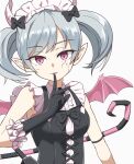  1girl arianne_the_labrynth_servant black_bow black_bowtie black_dress black_gloves bow bowtie cross-laced_clothes demon_girl dress duel_monster fang finger_to_mouth frilled_gloves frills gloves grey_hair hair_bow highres horns kinuge looking_at_viewer maid_headdress parted_lips pink_eyes pink_wings pointy_ears short_hair simple_background solo twintails upper_body white_background wings yu-gi-oh! 