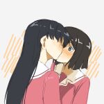  2girls azumanga_daioh azumanga_daioh&#039;s_school_uniform black_eyes black_hair blunt_ends blush bob_cut commentary english_commentary hair_between_eyes highres kaori_(azumanga_daioh) kiss kyuunn long_hair multiple_girls nose_blush pink_serafuku pink_shirt sailor_collar sakaki_(azumanga_daioh) school_uniform serafuku shirt short_hair sketch surprised very_long_hair white_background white_sailor_collar wide-eyed winter_uniform yuri 