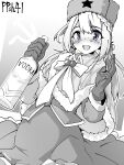  1girl absurdres alcohol blue_eyes blush bottle braid character_name cowboy_shot dress french_braid fur_hat girls_frontline gloves hammer_and_sickle hands_up hat highres holding holding_bottle long_hair looking_at_viewer minami_shin_(zenshuu_bougyo) monochrome open_mouth ppsh-41_(girls&#039;_frontline) smile solo spot_color star_(symbol) vodka 