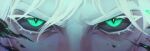  1boy absurdres black_sclera close-up colored_sclera colored_skin eye_focus glowing glowing_eyes green_eyes grey_hair highres league_of_legends looking_at_viewer neofox67 straight-on viego_(league_of_legends) 