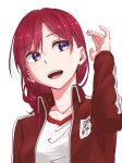  1girl collarbone commentary_request hand_up highres jacket long_sleeves looking_to_the_side love_live! love_live!_school_idol_project medium_hair nishikino_maki open_clothes open_jacket open_mouth red_jacket redhead s_sho_mkrn shirt solo teeth upper_body upper_teeth_only violet_eyes white_background white_shirt 