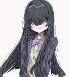  1girl black_hair blush bow bowtie collared_shirt grin hair_between_eyes highres jacket long_bangs long_hair looking_at_viewer nijisanji noyama_(prosiuttooishi) open_clothes open_jacket parted_lips pink_bow pink_bowtie purple_jacket shirt simple_background smile solo sweater_vest tsukino_mito upper_body white_background yellow_sweater_vest 