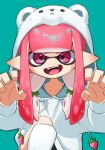  1girl animal_hood bear_hood blue_background blunt_bangs claw_pose fangs food fruit highres hood hood_up hoodie inkling inkling_girl inkling_player_character long_hair open_mouth pink_eyes pink_hair pointy_ears solo splatoon_(series) strawberry tentacle_hair user_nakaling white_hoodie 