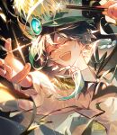  1boy absurdres artist_name baton_(conducting) black_hair braid closed_eyes collared_shirt epaulettes genshin_impact green_hair hat highres mint-tan open_mouth outstretched_hand shako_cap shirt smile solo sparkle teeth twin_braids venti_(genshin_impact) watermark white_shirt 