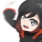  1girl ar_jart artist_name black_dress black_hair blurry cape close-up dress gradient_hair grey_eyes long_sleeves looking_at_viewer motion_blur multicolored_hair open_mouth red_cape redhead ruby_rose rwby short_hair slapping solo white_background 
