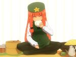  alternate_costume beret black_pantyhose blush braid cup food fried_rice glowing green_footwear green_headwear green_skirt green_vest hair_tie happy hat hong_meiling long_hair long_sleeves pantyhose redhead shirosato shirt simple_background sitting skirt star_(symbol) teapot touhou twin_braids very_long_hair vest white_background white_shirt 