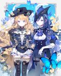  2girls absurdres ascot bare_shoulders black_bow black_collar black_corset black_dress black_flower black_gloves black_headwear black_rose black_thighhighs blonde_hair blue_ascot blue_bow blue_bowtie blue_butterfly blue_cape blue_eyes blue_flower blue_gemstone blue_hair blue_headwear blue_rose bow bowtie brooch bug butterfly cape clorinde_(genshin_impact) closed_mouth collar commentary_request corset dark_blue_hair dress drill_hair epaulettes flower fold-over_gloves framed_breasts gem genshin_impact gloves grey_pantyhose hand_on_own_shoulder hand_up hat hat_bow hat_feather hat_flower highres jewelry long_hair looking_at_viewer multiple_girls nanaco_(nana11jellyfish) navia_(genshin_impact) open_mouth pantyhose pearl_(gemstone) rose skirt smile strapless strapless_dress thigh-highs tricorne two-tone_headwear very_long_hair violet_eyes white_gloves white_skirt yellow_flower 