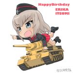  1girl black_coat blonde_hair blue_eyes boots chibi coat commentary english_text garrison_cap girls_und_panzer hat highres itsumi_erika kuromorimine_military_uniform lying military_vehicle motor_vehicle on_stomach panzer_iii pointing red_shirt red_skirt scamp_(scamp_f16) shirt skirt solo tank twitter_username 