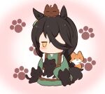  1girl animal animal_ears animal_on_head apron black_cat black_hair blush braid cat chibi full_body gomashio_(goma_feet) gradient_background green_kimono hair_over_one_eye horse_ears horse_girl horse_tail japanese_clothes jitome kimono long_hair manhattan_cafe_(umamusume) on_head pink_background seiza sitting solo tail umamusume very_long_hair white_apron white_background yellow_eyes 