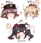  3girls :d black_headwear blush bow brown_hair chibi chinese_knot finger_to_cheek fox_mask genshin_impact gradient_hair hair_bow hat head_only highres honkai:_star_rail honkai_(series) hu_tao_(genshin_impact) long_hair looking_at_viewer mask mask_on_head multicolored_hair multiple_girls one_eye_closed open_mouth pink_eyes ponytail red_bow redhead shinoo0915 sidelocks simple_background smile sparkle_(honkai:_star_rail) straight_hair white_background yoimiya_(genshin_impact) 