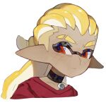 1boy black_choker blonde_hair choker closed_mouth commentary commission cropped_torso eyebrow_cut highres inkling inkling_boy inkling_player_character long_hair long_pointy_ears male_focus pointy_ears red_eyes red_shirt redbeanpie0 shirt simple_background solo splatoon_(series) tentacle_hair thick_eyebrows upper_body white_background 
