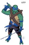  1boy blue_mask closed_eyes colored_skin commentary english_commentary english_text full_body green_skin highres holding holding_sword holding_weapon karahuset katana leonardo_(tmnt) male_focus mask ninja scales solo sword teenage_mutant_ninja_turtles turtle_boy turtle_shell weapon white_eyes 