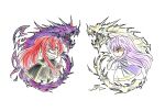  1boy 1girl angry battle brother_and_sister chibi corruption dress fire_emblem fire_emblem:_genealogy_of_the_holy_war highres julia_(fire_emblem) julius_(fire_emblem) long_hair purple_hair redhead siblings siglud1225 simple_background wide_sleeves 