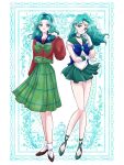  2girls absurdres ankle_socks aqua_choker aqua_footwear aqua_hair aqua_sailor_collar aqua_skirt bare_legs bishoujo_senshi_sailor_moon blue_eyes bow brooch brown_footwear choker dated dual_persona full_body gloves green_sailor_collar hand_in_own_hair hand_on_own_cheek hand_on_own_face happy_birthday hemuhemu_moca highres jewelry kaiou_michiru long_hair magical_girl miniskirt mugen_gakuen_school_uniform multiple_girls pleated_skirt sailor_collar sailor_neptune sailor_senshi_uniform school_uniform skirt smile socks standing tiara white_gloves 