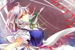  1girl commentary_request from_side grey_background grey_hair izayoi_sakuya knife kutsuki_kai looking_at_viewer maid maid_headdress medium_hair one-hour_drawing_challenge red_eyes short_sleeves solo touhou upper_body 
