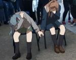  2girls bang_dream! bang_dream!_it&#039;s_mygo!!!!! black_footwear black_ribbon black_socks blazer blue_hair blue_serafuku blue_shirt blue_skirt brown_hair chair coldcat. commentary embarrassed green_skirt grey_jacket grey_neckerchief hair_ribbon hand_on_own_face haneoka_school_uniform humiliation_for_two_male_high_school_students_as_they_are_forced_to_hold_hands_as_a_punishment_for_fighting_(meme) jacket jpeg_artifacts kneehighs loafers long_hair long_sleeves meme multiple_girls nagasaki_soyo neckerchief on_chair outdoors people photoshop_(medium) pleated_skirt puffy_sleeves ribbon sailor_collar school_uniform serafuku shirt shoes sidelocks sitting skirt socks togawa_sakiko tsukinomori_school_uniform white_sailor_collar white_shirt yuri 