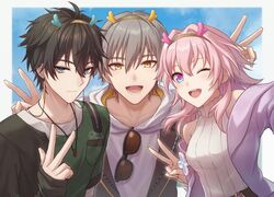  1girl 2boys black_hair blue_eyes breasts brown-framed_eyewear brown_jacket caelus_(honkai:_star_rail) closed_mouth dan_heng_(honkai:_star_rail) double_v earrings eyewear_around_neck fake_horns glasses grey_hair hair_between_eyes hairband honkai:_star_rail honkai_(series) horns jacket jewelry long_hair long_sleeves march_7th_(honkai:_star_rail) medium_breasts multicolored_shirt multiple_boys one_eye_closed open_mouth pink_hair pink_jacket rune_(rne_at) short_hair smile tongue trailblazer_(honkai:_star_rail) v white_hood 