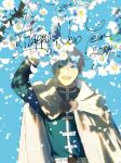  1boy 2024 arm_up blue_background blue_eyes blue_hair blue_jacket branch capelet chamwa commentary day english_commentary english_text flower happy_new_year highres himmel_(sousou_no_frieren) jacket long_sleeves looking_at_viewer male_focus open_mouth outdoors short_hair simple_background smile solo sousou_no_frieren upper_body white_capelet white_flower 