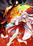  1girl aqua_fire bare_shoulders blue_fire bow breasts detached_sleeves dragon duel_monster fiery_horns fire flaming_horns hair_between_eyes hair_ornament highres horns japanese_clothes kimono kurikara_divincarnate long_hair long_sleeves mirror red_eyes sleeveless sleeveless_kimono small_breasts solo tora_(oyabaka_tora) white_hair wide_sleeves yu-gi-oh! 