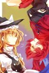  2girls black_headwear black_shirt blonde_hair bow braid cloak closed_mouth commentary_request crossed_arms from_side hair_bow hat juliet_sleeves kirisame_marisa kutsuki_kai long_hair long_sleeves multiple_girls one-hour_drawing_challenge puffy_sleeves red_eyes red_skirt redhead sekibanki shirt short_hair side_braid single_braid skirt touhou two-tone_background white_bow witch_hat yellow_eyes 