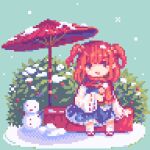  1girl blue_footwear commentary dango food full_body hair_bobbles hair_ornament long_sleeves looking_at_viewer oil-paper_umbrella onozuka_komachi open_mouth outdoors pii_614 pixel_art red_eyes red_scarf redhead ribbon-trimmed_sleeves ribbon_trim scarf sitting snow snowing snowman solo symbol-only_commentary touhou two_side_up umbrella wagashi 