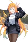  1girl absurdres ahoge black_jacket blue_eyes braid hand_in_pocket highres jacket long_hair maxwelzy one_eye_closed open_clothes open_jacket orange_hair pantyhose pecorine_(princess_connect!) pencil_skirt princess_connect! shirt side_braid skirt solo v white_shirt 