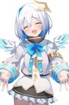  1girl amane_kanata amane_kanata_(1st_costume) angel angel_wings armband blue_hair blush bob_cut bow closed_eyes colored_inner_hair feathered_wings fragir gradient_wings grey_hair halo highres hololive jacket long_sleeves looking_at_viewer mini_wings multicolored_hair multicolored_wings open_mouth short_hair single_hair_intake smile solo star_halo streaked_hair violet_eyes virtual_youtuber wings 